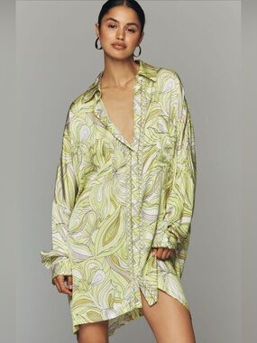 Corey Lynn Calter Light Green Printed Satin Button-Front Sleep Shirt